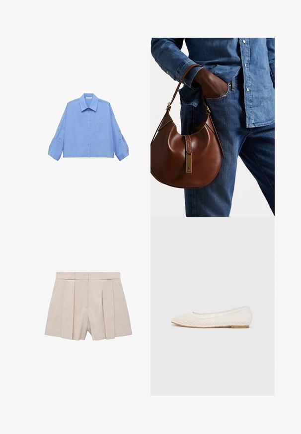 Hellesblaues, kurzes Hemd mit Knopfleiste, Kragen, langen Ärmeln und einer einzelnen Brusttasche. Hergestellt aus glattem Stoff.; Beige gefaltete Shorts mit taillierter Passform, hoher Taille und glatter Textur. Vier vorn gelegte Falten erzeugen Volumen. Keine Taschen.; Weiße flache Schuhe mit einem Netzdesign, spitz zulaufender Zehenpartie und einer niedrigen, flachen Sohle. Strukturiertes Obermaterial mit einem glatten Innenfutter und subtilen Kontrastakzenten.; Braune Leder-Hobo-Tasche mit runder Form, ausgestattet mit goldenen Hardware-Details und kontrastierenden Nähten. Kombiniert mit einem Jeanshemd und Jeans.
