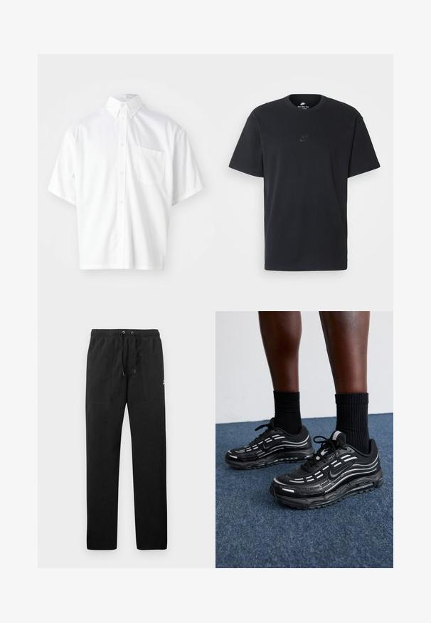 Korte mouwen witte blouse van gladde stof, met een button-down kraag en een enkele borstzak aan de linkerkant.; Zwarte katoenen t-shirt van Nike met een klassieke ronde hals, korte mouwen en een subtiele, reliëflogo op de borst. Gladde textuur.; Zwarte sweatpants van fleece, met een elastische tailleband met trekkoorden, twee voorzakken en een klein logo op de dij.; Zwarte Nike-schoenen hebben een bovenwerk van mesh met accentstreepjes, getextureerde veters en een zwarte rubberen zool. Draag ze met zwarte geribde sokken.