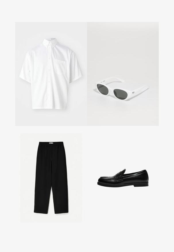 Camicia bianca a maniche corte realizzata in tessuto morbido, con colletto a camicia e una tasca frontale singola sul lato sinistro.; Pantaloni neri a gamba larga realizzati in un tessuto leggero. Presentano una vita elasticizzata e una texture liscia. Senza motivi visibili o accessori.; Mocassino in pelle nera con finitura liscia, caratterizzato da un dettaglio di cucitura sulla tomaia e una suola in gomma nera solida e bassa.; Occhiali da sole bianchi con montatura arrotondata e lenti scure. Presentano una superficie in plastica liscia e un piccolo logo sulla tempia.