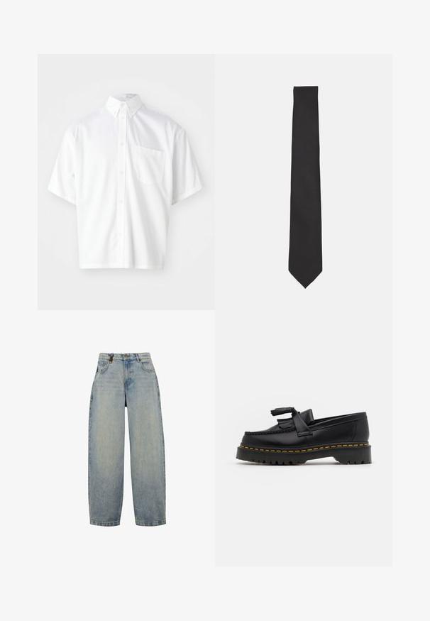 Kurzärmliges weißes Hemd aus glattem Stoff, mit einem Button-Down-Kragen und einer einzelnen Brusttasche auf der linken Seite.; Hellblaue Jeans aus Denim mit lässiger Passform, featuring eine hohe Taille, weite Beine, klassischen Fünf-Taschen-Design und Akzente aus Metall.; Schwarze Lederloafers mit einem fransenverzierten Akzent, ausgestattet mit einer robusten schwarzen Sohle und gelber Naht entlang der Kante. Texturierte Oberfläche.; Schwarze Krawatte mit glatter Textur, schlankem Design und spitzem Ende. Keine Muster oder Akzente sichtbar, vor einem einfarbigen weißen Hintergrund.