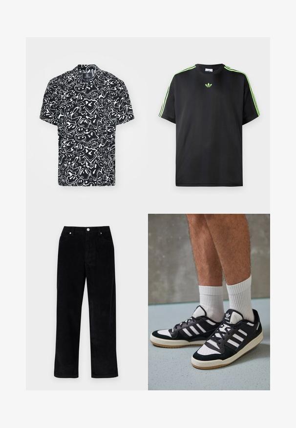 Kurzärmliges Hemd aus Stoff mit schwarzem Hintergrund und weißen, abstrakten Mustern, darunter Smiley-Gesichter und verschiedene Formen.; Schwarzes T-Shirt aus glattem Stoff mit Rundhalsausschnitt, das drei grüne Streifen auf den Schultern und ein kleines grünes Logo auf der Brust zeigt.; Schwarze Cordhosen mit geradem Bein, ausgestattet mit Fronttaschen und Metallknöpfen. Weicher Stoff mit vertikaler Rippstruktur.; Schwarz-weiße Sneaker mit einem Obermaterial aus Wildleder und Leder, ausgestattet mit drei weißen Streifen, einer perforierten Zehenpartie und einer Sohle aus Gummi.