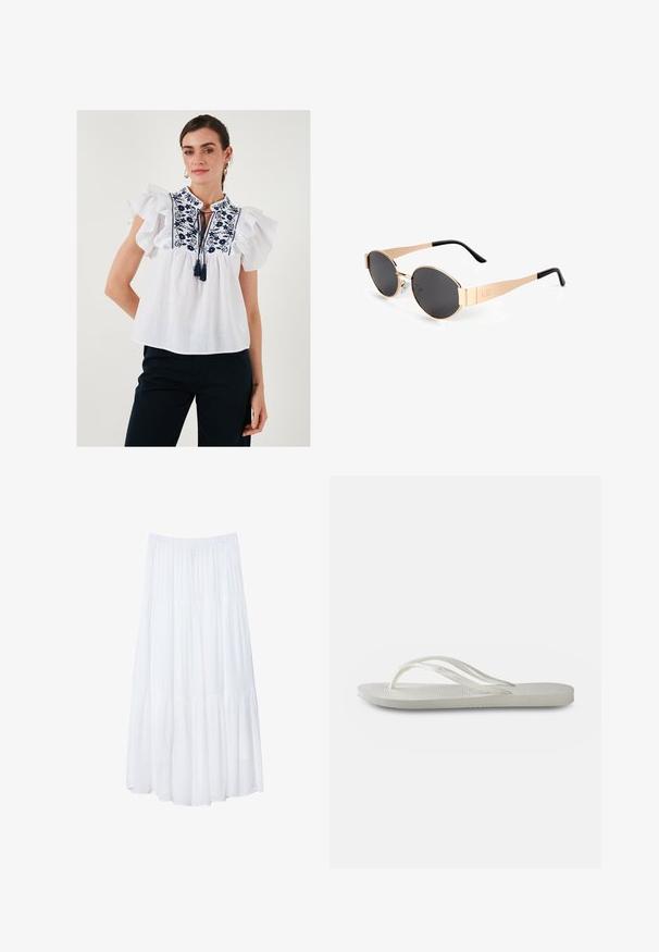 Blusa bianca con maniche corte a volant, motivi floreali ricamati in blu navy, dettaglio a lacci a chiave nel collo, tessuto leggero.; Gonna maxi bianca a più strati realizzata in tessuto leggero. Presenta una vita elastica e un design fluido con una morbida e sottile texture.; Infradito bianchi con suola testurizzata, caratterizzate da cinghie sottili e design piatto. Realizzate in gomma con un logo sottile sulla soletta.; Occhiali da sole ovali color oro con lenti scure, caratterizzati da un design elegante, aste sottili e un accento nero all'asta. Modello numero L37.; Borsa a spalla in pelle marrone con finitura testurizzata, forma curva, hardware dorato, tracolla regolabile e chiusura a patta.; Stradivarius SET - Bracciale - dark brown