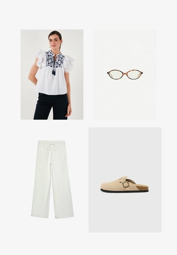 Bela bluzica z vodoravnimi kratkimi rokavi, vezeno cvetlično obliko v mornarsko modri barvi, podrobnost v obliki ključavnice s trakom na dekolteju, lahka tkanina.; Bele široke hlače iz mehkega blaga. Imajo elastičen pas s vrvico in gladko teksturo. Brez vidnih vzorcev ali kovinskih delov.; Bež sueded klompe na potplat s koricom, zaobljenim vrhom i jednostavnom trakom s zlatnim kopčom. Gumeni potplat za prianjanje.; Kornjačaste očala z ovalnimi lečami in gladko, sijočo površino. Imajo tanke stranice z rahlim ovinkom na templjih. Prosojne leče.