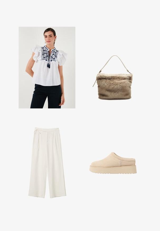 Valkoinen pusero, jossa on röyhelöiset lyhyet hihat, tummansininen kirjailtu kukkakuosi, avainaukko-kiristysyksityiskohta kaula-aukossa, kevyt kangas.; Lepuh lebar dengan kain putih krem yang halus. Memiliki pinggang yang diikat dan bagian depan berlipit, dirancang untuk potongan yang santai.; Beige mokasii nahkahousut, joissa on pyöristetty kärki ja paksu, teksturoitu pohja. Ominaisuuksiin kuuluu minimaalinen ompelu ja pehmeä muotoilu.; Väsk av konstpäls i ljusbeige med en mjuk, texturerad yta. Har ett enda tunt axelband och en rektangulär form med en fluffig överkant.