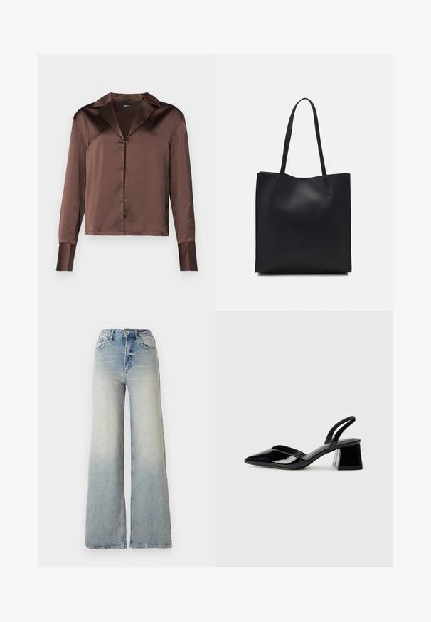 Brown satin long-sleeve blouse with a pointed collar, front button closure, and structured cuffs, featuring a smooth, glossy texture.; Light blue wide-leg jeans made of denim, featuring a high waist, five pockets, and visible stitching along the seams.; Black patent leather slingback heels with a pointed toe and a geometric block heel. Features a sleek, minimal design and smooth texture.; Black leather tote bag with smooth texture, rectangular shape, and two long handles. No visible hardware or embellishments.