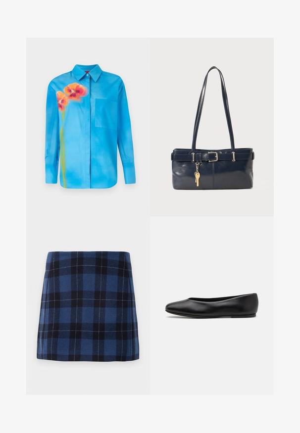Camicia azzurro chiaro con bottoni, realizzata in tessuto morbido. Presenta una stampa di fiori arancioni e una tasca sul lato sinistro.; Gonna a quadri mini in blu scuro e navy, realizzata in un tessuto morbido con una finitura leggermente testurizzata. Presenta una linea dritta e linee pulite.; Paul Smith TOPANGA - Ballerine - black; Borsa a mano in pelle blu con due manici lunghi, un dettaglio con fibbia e un portachiavi attaccato. Presenta una texture liscia e una forma rettangolare.