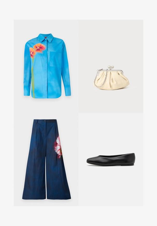 Lys blå skjorte med knapper lavet af glat stof. Har et orange blomsterprint og en brystlomme på venstre side.; Breddebenede bukser i mørk marineblå stof, med et blomsterprint i pink og gul på den ene side, samt en knaplukning ved taljen.; Paul Smith TOPANGA - Ballerinasko - black; Plisseret beige læderclutch med en sølvmetalramme, der har to runde dekorative låse og en sølvkædetrasporte.