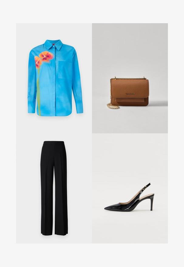 Svetlo modra srajca z gumbi, izdelana iz gladkega materiala. Opremljena je z oranžno cvetličnim potiskom in žepom na levi strani.; Črne široke hlače z gladko teksturo, z visokim pasom in središnjimi pregibi. Brez vidnih vzorcev ali kovinskih detajlov.; Črne lakirane slingback čevlje z izostrenim nosom, ozkim peto in subtilnim izrezom. Na traku je zlata sponka.; Rjava teksturirana usnjena torba čez ramo z zlatim verižnim trakom in zapiranjem na pokrov. Spredaj je vidna podrobnost logotipa in žep pod pokrovom.