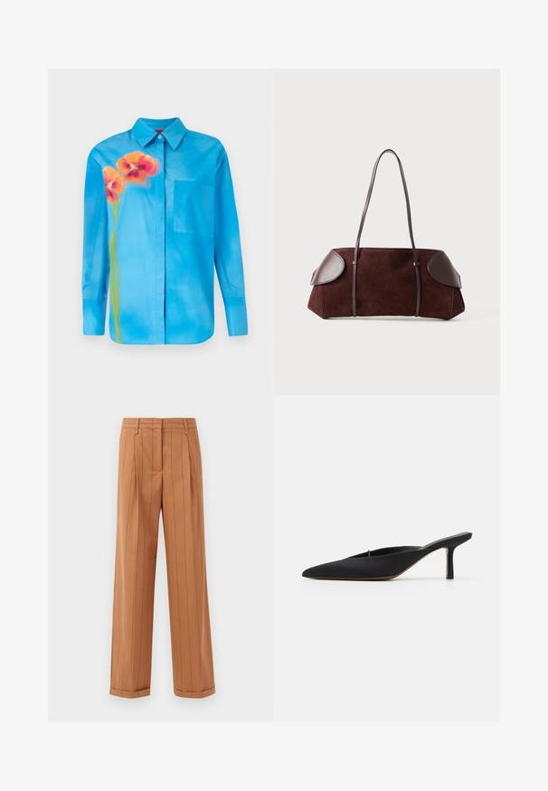 Lichtblauw button-up shirt van gladde stof. Heeft een oranje bloemenprint en een borstzak aan de linkerkant.; Bruine broek met streepdessin, uitgevoerd in een taillerende ontwerp met plooien, een rechte snit en een omgeslagen zoom. Gemaakt van een gladde stof.; Zwarte muiltje met spitse neus en een strak ontwerp, gemaakt van gladde stof, met een slanke hak en open achterkant voor gemakkelijk aan- en uittrekken.; Bruine suède tas met leren accenten, gestructureerde vorm, dubbele schouderbanden en ronde randen, met een gladde textuur en minimale hardware.