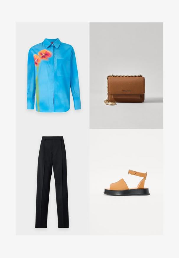Heled sinine nööridega särk, mis on valmistatud siledast kangast. Omab oranžide lillede mustrit ja vasakul pool on rinnatasku.; Mustad püksid siledast kangast, millel on kõrge vöökoht, laiad jalad, esimesed kortsud ja klassikalised vööloopid. Küljepockets pole nähtavad.; Kohvatanne nahast sandaalid laia esiosa, avatud varvastega, reguleeritava rihmaga ja paksu musta platvormitaldiga. Sile tekstuur ja minimalistik disain.; Pruun tekstureeritud nahk ristkeha kott kuldse ahelaga rihmaga ja klapiga sulgemine. Esiküljel on logo detail ja tasku klapi all.
