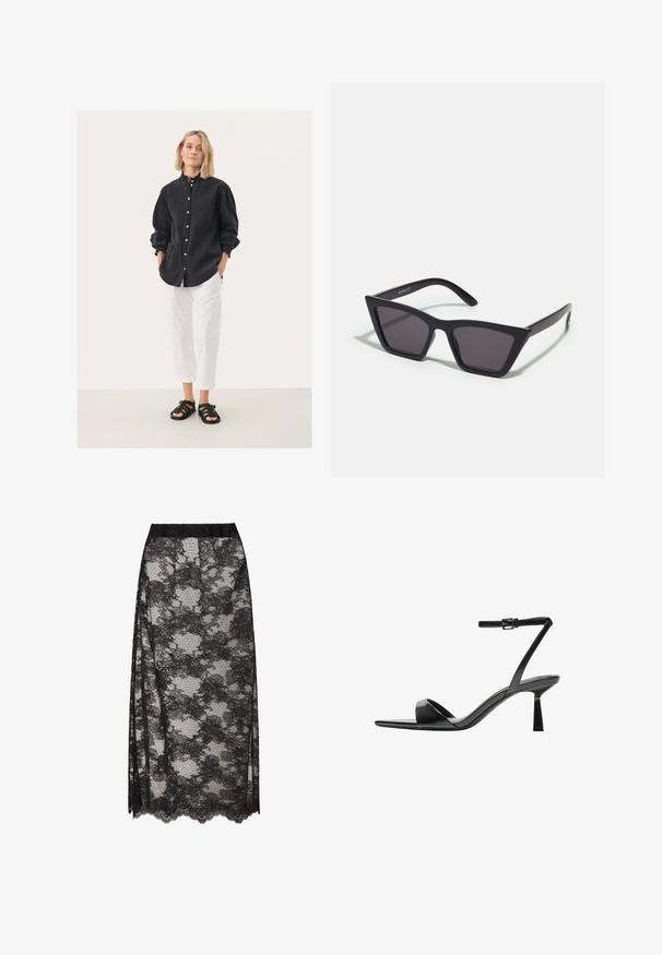 Black button-up shirt with gathered sleeves, paired with white cropped pants and black strappy sandals. Plain background.; Black lace skirt with a scalloped hem, featuring a floral pattern and sheer texture. Elastic waistband for comfortable wear.; Bershka High heeled sandals - black; Black, angular sunglasses with gray lenses; made of plastic, featuring thick arms with a smooth surface and no visible hardware.; Black leather handbag with a rounded, contoured shape, featuring a gold-tone lock closure and a single adjustable strap. Smooth texture.