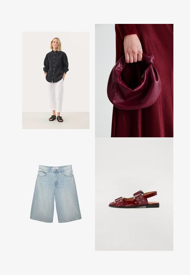Camicia nera con bottoni, maniche arricciate, abbinata a pantaloni bianchi a tre quarti e sandali neri con cinturini. Sfondo semplice.; Shorts in denim blu chiaro con un design a gamba larga, dotati di cinque tasche, passanti per cintura e chiusura con zip. Texture liscia con leggera scoloritura.; Scarpe slingback in pelle verniciata bordeaux con punta appuntita, caratterizzate da due cinturini regolabili con fibbie e dettagli in metallo argentato.; Borsa in pelle bordeaux con un design morbido e arricciato e una forma arrotondata. Il manico è fissato, mostrando una texture liscia.