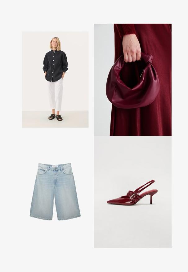 Černá košile na knoflíky s nabíranými rukávy, doplněná bílými zkrácenými kalhotami a černými sandály na pásky. Jednoduché pozadí.; Světle modré džínové kraťasy s širokým střihem, které mají pět kapes, poutka na opasek a zipový rozparek. Hladká textura s jemným vyblednutím.; Červené lakované kožené lodičky na podpatku s špičatou špičkou, dvěma přezkami a štíhlým, středně vysokým jehlovým podpatkem. Hladký povrch.; Burgundská kožená kabelka s měkkým, nabíraným designem a zaobleným tvarem. Ucho je zajištěné a vykazuje hladkou texturu.