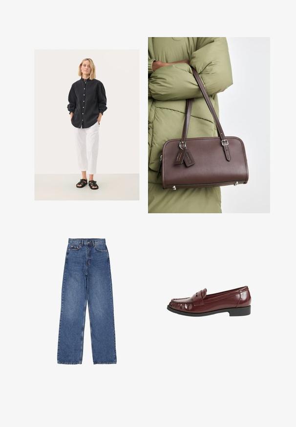 Camisa negra de botones con mangas fruncidas, combinada con pantalones cortos blancos y sandalias negras con tiras. Fondo liso.; Jeans de mezclilla con cintura alta y piernas anchas, con un lavado azul clásico, costuras visibles y herrajes metálicos en el bolsillo frontal.; Mocasines de charol burdeos con puntera redondeada y cosida, y una pequeña tira decorativa. Tacón bajo de goma negra. Textura suave.; Bolso de cuero marrón con forma rectangular, una correa desmontable y detalles en plateado. Presenta dos etiquetas anexas al asa.