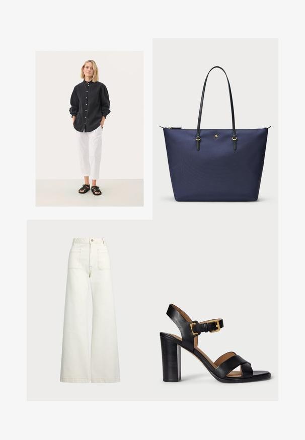 Mustamütsiga särk, millel on kogutud varrukad, koos valgete lühikesed pükstega ja mustade rihmadega sandaalidega. Üksikasjalik taust.; Laiad teksad heledast denimist. Kõrge vöökoht, nööbivöö, kaks esikotitäit ja kontrastsed õmblused.; Mustad nahast kontsasaapad, millel on ristuv rihma disain ja klamber. Omab paksemat kontsa ja siledat tekstuuri.; Tumed sinine kott, mis on valmistatud tekstureeritud kangast, mustade nahkade käepidemete ja kuldsete detailide aksessuaaridega. Ülemine lukuga sulgemine.