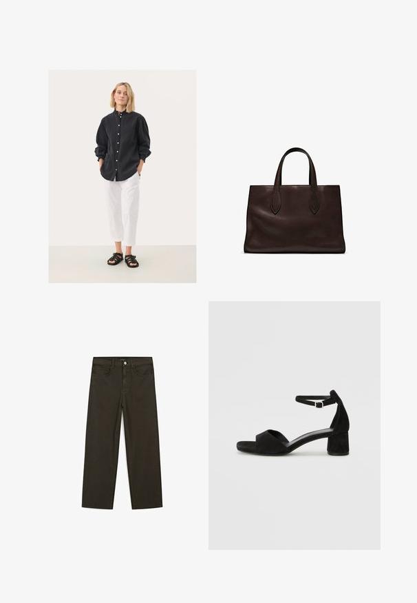 Black button-up shirt with gathered sleeves, paired with white cropped pants and black strappy sandals. Plain background.; Dark green wide-leg jeans made of cotton blend, featuring a front button closure, five pockets, and classic denim stitching.; Black suede heeled sandals with a thin ankle strap, open toe design, and a modest block heel. Smooth texture and minimal accents.; Brown leather tote bag with two elongated handles, structured rectangular shape, smooth texture, and subtle stitching details.
