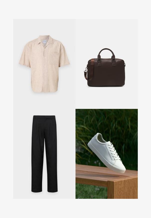 Korte ermers skjorte i beige linstoffblanding, med brystlomme, subtil tekstur og klassisk krage.; Sorte bukser laget av glatt stoff, med rette ben, to frontfoldninger og standard liv med beltehemper.; Hvite snørestøbber som svever over en trebenk med grønt løvverk i bakgrunnen, som fremhever skoens design og tekstur.; Brun lærveske til bærbar datamaskin med en strukturert overflate, doble topphåndtak, justerbar stropp og to frontspenner for ekstra detalj.