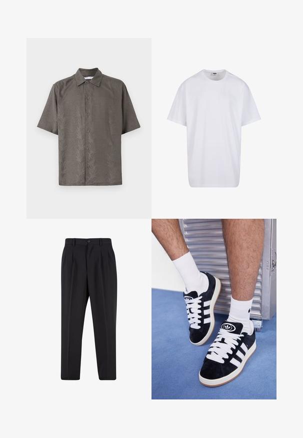 Camisa de manga corta en color verde oliva, confeccionada en una tela texturizada que presenta un patrón de hojas en relieve, con cuello clásico y cierre frontal de botones.; Camiseta blanca de algodón con mangas cortas, cuello redondo, corte relajado y sin logotipos ni patrones visibles. Textura suave y diseño minimalista.; Pantalones negros con un diseño de frente plisado, hechos de una tela suave. Cuentan con un cierre de botón y pasadores para cinturón; corte recto.; Zapatillas de ante negras con cordones blancos y tres rayas blancas. Presentan un logotipo circular negro en la lengüeta y una suela de goma color caramel.