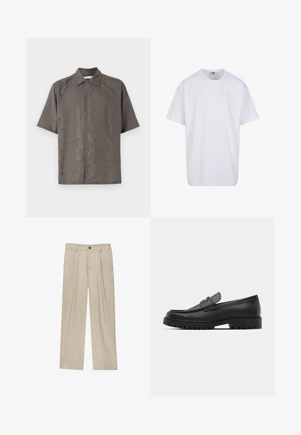 Rövid ujjú, olíva-zöld ing texturált anyagból, dombornyomott levélmintával, klasszikus gallérral és elöl gombos záródással.; Fehér pamut póló rövid ujjal, kerek nyakú, laza szabású, és nincsenek látható logók vagy minták. Simább textúra és minimalista dizájn.; Beige egyenes szárú nadrág, egy fekete gombbal, övhurkokkal és oldalzsebekkel. Sima szövettextúra és minimális design.; Fekete bőr loafer cipők kerek orral, varrott mintázattal, alacsony platformtalpú és texturált, barázdált gumitalppal.