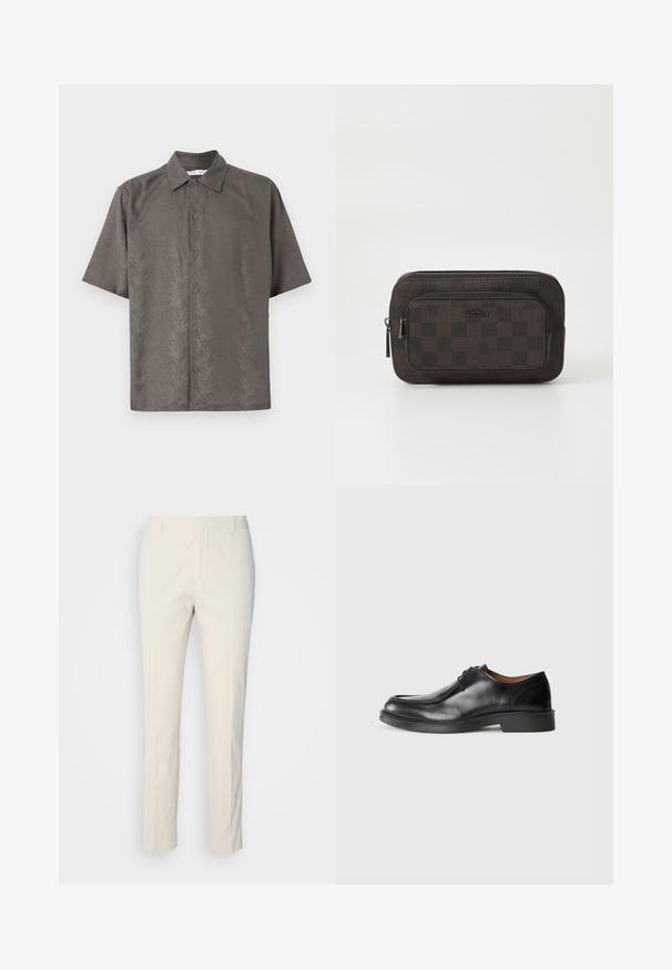 Rövid ujjú, olíva-zöld ing texturált anyagból, dombornyomott levélmintával, klasszikus gallérral és elöl gombos záródással.; Krém színű, testhezálló nadrág, texturált anyagból. Egyenes szárú kialakítással, övhurkokkal és két elülső zsebből áll. Mintázat nélküli.; Fekete bőrből készült férfi cipő lekerekített orral, sima felülettel, fűzőkkel és alacsony, texturált gumitalppal. Tiszta vonalak és letisztult dizájn.; Barna kockás mintázatú pénztárca texturált bőrből, cipzáros záródással és elülső rekesszel. Jellemzője egy logó részlet.