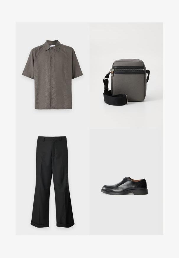 Πουκάμισο κοντό μανίκι σε ελαιόποιες αποχρώσεις, φτιαγμένο από υφή υφάσματος που διαθέτει ανάγλυφο σχέδιο φύλλων, με κλασικό γιακά και κουμπί στο μπροστινό μέρος.; Μαύρο παντελόνι φαρδιάς γραμμής με κουμπωτή μέση και ανοιγμένα στρίφωμα, τοποθετημένο σε λευκό φόντο.; Μαύρο δερμάτινο παπούτσι φορέματος με στρογγυλή μύτη, λεία επιφάνεια, δερμάτινες λεπτομέρειες και χαμηλή, υφασμένη καουτσούκ σόλα. Καθαρές γραμμές και μίνιμαλ σχεδίαση.; Γκρι υφασμάτινη τσάντα διαγωνίου με μαύρη τσέπη με φερμουάρ, ρυθμιζόμενο λουρί και ορθογώνιο σχήμα. Διαθέτει λεία υφή και μεταλλικά εξαρτήματα.