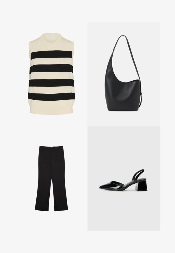 Ärmelloses gestricktes Oberteil im creme- und schwarz gestreiften Design. Verfügt über einen runden Ausschnitt und einen entspannten Schnitt mit einer sanften Textur.; Schwarze Hose mit geradem Schnitt, ausgestattet mit Fronttaschen und Seitenschlitzen am Saum. Hergestellt aus weichem, glattem Stoff. Geeignet für verschiedene Anlässe.; Schwarze Lackleder-Slingback-High Heels mit spitzem Schuh und einem geometrischen Blockabsatz. Verfügt über ein schlankes, minimalistisches Design und eine glatte Textur.; Schwarze Leder-Hobo-Tasche mit einer glatten Textur, geschwungener Form und einem einzelnen verstellbaren Tragegurt; verfügt über eine weite Öffnung am oberen Ende.