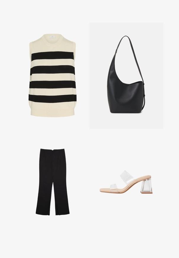 Bezramienna, dziergana bluzka w kremowo-czarnym paskowanym wzorze. Posiada okrągły dekolt oraz luźny krój o miękkiej strukturze.; Czarne spodnie o prostym kroju, z przednimi kieszeniami i bocznymi rozcięciami na dole. Wykonane z miękkiego, gładkiego materiału. Odpowiednie na różne okazje.; Przezroczyste sandały na obcasie z dwiema przezroczystymi paskami, beżową podstawą i geometrycznym przezroczystym blokiem obcasa. Minimalistyczny design o gładkiej fakturze.; Czarna skórzana torba hobo o gładkiej fakturze, zaokrąglonym kształcie i pojedynczym, regulowanym pasku; posiada szerokie otwarcie na górze.