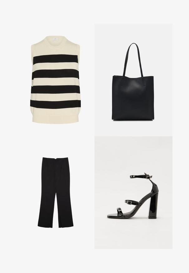 Ärmelloses gestricktes Oberteil im creme- und schwarz gestreiften Design. Verfügt über einen runden Ausschnitt und einen entspannten Schnitt mit einer sanften Textur.; Schwarze Hose mit geradem Schnitt, ausgestattet mit Fronttaschen und Seitenschlitzen am Saum. Hergestellt aus weichem, glattem Stoff. Geeignet für verschiedene Anlässe.; Schwarze patentierte Sandalen mit Absatz, quadratischer Spitze, Knöchelriemen und silbernen Schnallen. Mit einem stabilen Blockabsatz für mehr Stabilität.; Schwarze Laptoptasche aus Leder mit glatter Textur, rechteckiger Form und zwei langen Griffen. Keine sichtbaren Beschläge oder Verzierungen.