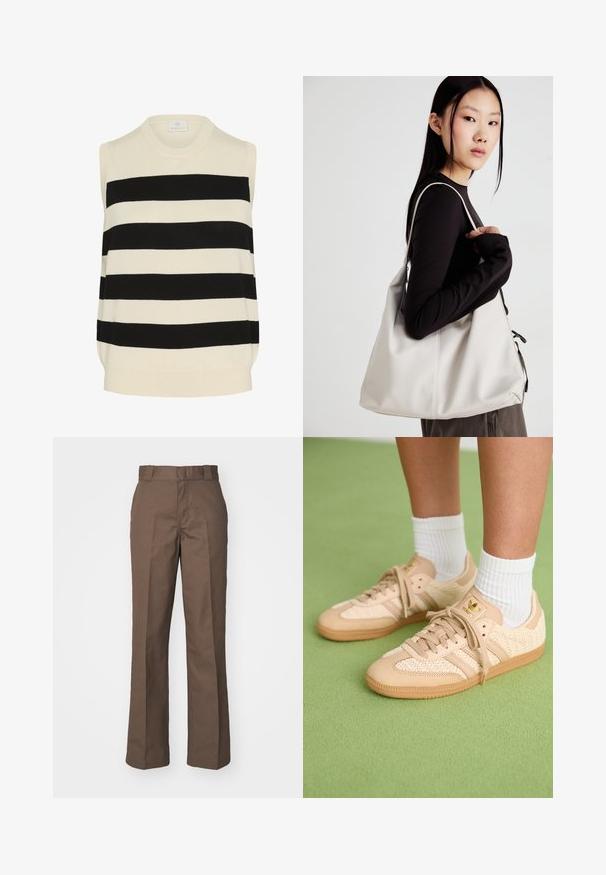 Beigi ir juodai dryžuota be rankovių megzta palaidinė. Yra apvalus iškirpimas ir laisvas siluetas, minkšta tekstūra.; Rudos medvilnės kelnes su tiesiomis kojomis, turinčiomis lygų priekį ir diržo kilpas. Lygus paviršius, be matomų raštų ar akcentų.; Pėdos su bežinėmis austinėmis Adidas sportbačiais guminiais padais ir baltais kulkšnies džinsais ant žalios tekstūruotos grindų.; Bežinė rankinė, pagaminta iš minkštos medžiagos, turinti laisvą dizainą, siuvinėtas detalės ir dvi petnešos. Tinkama kasdieniam naudojimui.