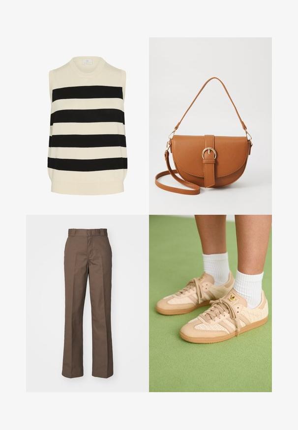 Bezrukávový pletený top v krémovo-čiernom prúžkovanom dizajne. Má okrúhly výstrih a uvoľnený strih s jemnou textúrou.; Hnedé bavlnené nohavice so strihom rovného nohavice, s plochým predným dielom a pútkami na opasok. Hladká textúra, bez viditeľných vzorov alebo akcentov.; Nohy v béžových tkaných teniskách Adidas s gumovými podrážkami a bielymi členkovými ponožkami na zeleno textúrovanom podlahe.; Hnedá kožená kabelka cez telo s zakriveným tvarom, zlatými kovovými doplnkami a akcentom s prackou. Obsahuje odnímateľný ramenný popruh.