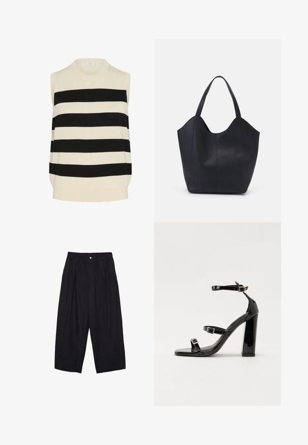 Mouwloze gebreide top in een crèmekleurig en zwart gestreept ontwerp. Beschikt over een ronde halslijn en een ontspannen pasvorm met een zachte textuur.; Zwarte polyester culottes met een elastische tailleband, twee voorkreukels en een losse pasvorm. Geen zichtbare patronen of hardware-details.; Zwarte gepatenteerde sandalen met hak en een vierkante neus, enkelbandjes en zilveren gespen. Heeft een stevige blokhak voor stabiliteit.; Zwarte tote tas van glad leer, met een gebogen, open bovenkant en twee schouderbanden, en een minimalistisch ontwerp.