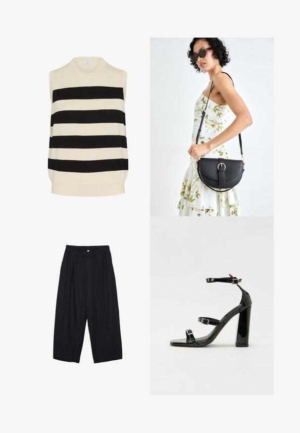 Sleeveless knitted top in cream and black striped design. Features a round neckline and a relaxed fit with a soft texture.; Black polyester culotte pants with an elastic waistband, two front pleats, and a loose silhouette. No visible patterns or hardware details.; Black patent heeled sandals with a square toe, ankle straps, and silver buckles. Features a chunky block heel for stability.; Black leather handbag with a curved shape, detachable strap, and gold hardware. The bag features a flap with a buckle detail.