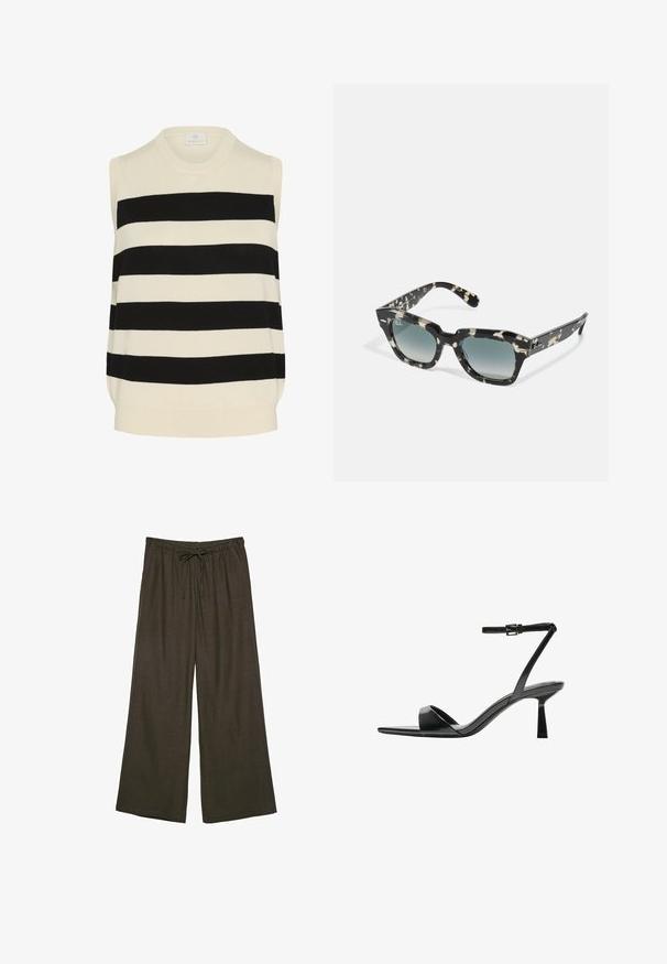 Ärmelloses gestricktes Oberteil im creme- und schwarz gestreiften Design. Verfügt über einen runden Ausschnitt und einen entspannten Schnitt mit einer sanften Textur.; Dunkelbraune, weit geschnittene Hose mit einem elastischen Bund und verstellbarem Kordelzug. Hergestellt aus einem weichen, leichten Stoff.; Bershka High Heel Sandalette - black; Schwarz-weiße, gemusterte Sonnenbrille mit dickem Rahmen, quadratischer Form und verlaufend getönten Gläsern. Ray-Ban-Logo an der Seite.