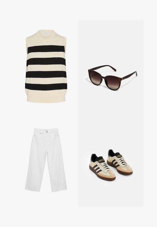 Ærmeløs striktop i cremede og sorte striber. Har en rund halsudskæring og en afslappet pasform med en blød tekstur.; Hvide bukser med bred benvidde lavet af denim med høj talje, der har fem lommer og metalhardware. Glat tekstur, uden synlige mønstre.; Beige ruskinds atletik sko med sorte læderdetaljer, hvide snørebånd og brun gummisål. Tre sorte striber på hver side.; Brune gradient solbriller med store runde linser, glinsende skildpaddefarvede stel og slanke stænger med subtile metalliske accenter.; Hvid syntetisk håndtaske med en trekantet form, flad forsideklap og sløjfedetalje, justerbar strop, glat tekstur og minimalistisk design.