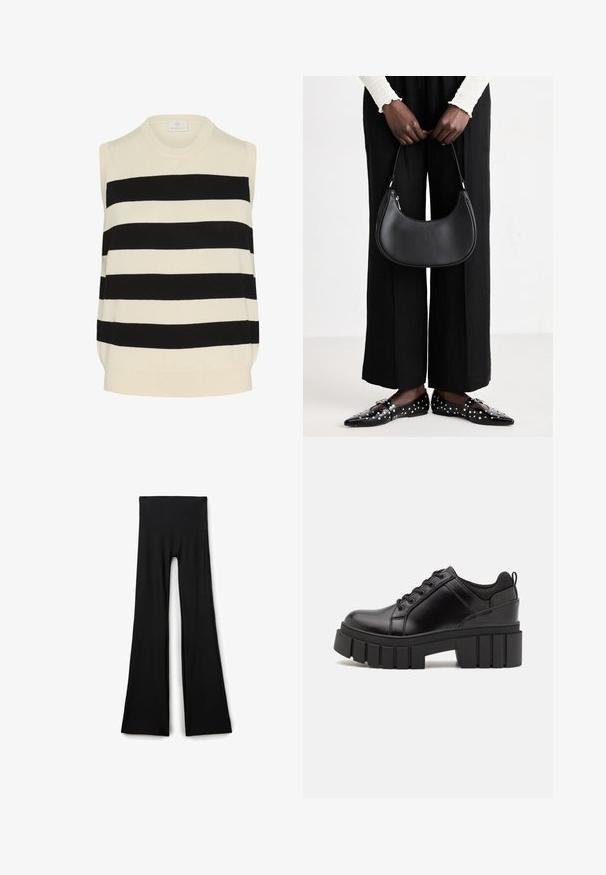 Ärmelloses gestricktes Oberteil im creme- und schwarz gestreiften Design. Verfügt über einen runden Ausschnitt und einen entspannten Schnitt mit einer sanften Textur.; Schwarze, weite Hosen aus elastischem Stoff, mit hoher Taille und einer glatten Textur ohne sichtbare Muster oder Akzente.; Schwarze Lederplateauschuhe mit klobigem Blockabsatz, runder Zehenpartie und traditionellem Schnürdesign. Verfügt über eine glatte Textur und minimale Details.; Schwarze Leder-Schultertasche mit runder Form, glänzender Oberfläche und silbernem Beschlag. Person trägt schwarze weit geschnittene Hosen und Nieten-Loafers.