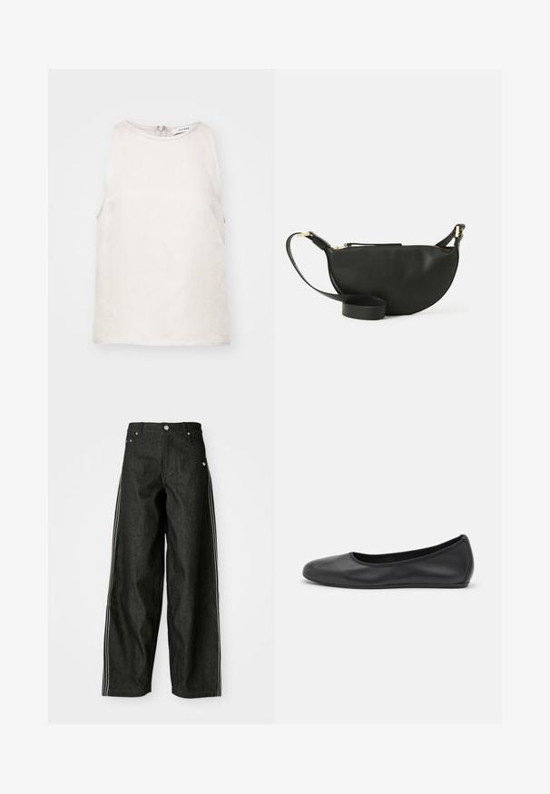 Sleeveless light beige top made of soft fabric, featuring a round neckline and a concealed back zip closure. Simple and smooth texture.; Black denim wide-leg pants with white side stripes, featuring front pockets, a button-up fly, and a subtle logo near the waistband.; Black leather ballet flat with a rounded toe, smooth texture, minimal stitching detail, and a flexible sole design.; Black leather crossbody bag with half-moon shape, textured surface, gold zipper, and a flat strap. Compact design suitable for essentials.