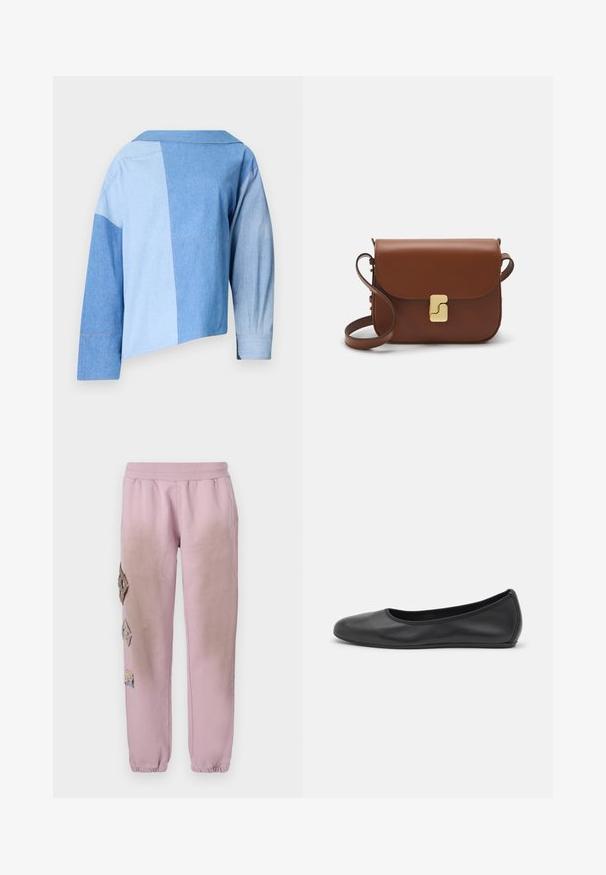 Chaqueta vaquera corta de mezclilla azul con un diseño de patchwork en diferentes tonos de azul, cuello y mangas largas con detalles en los puños.; Camiseta de manga corta blanca hecha de tela de canalé. Cuello redondo, corte regular y detalles de costura sutiles. Sin patrones ni gráficos.; Pantalones de chándal rosas con cintura elástica, que presentan parches decorativos en forma de diamante en el lado izquierdo y puños elásticos en los tobillos.; Bailarina de piel negra con punta redondeada, textura suave, detalle de costura minimalista y diseño de suela flexible.; Bolso de mano de cuero marrón con cierre de solapa, herrajes en tono dorado, correa para el hombro y una textura suave. Forma rectangular compacta.