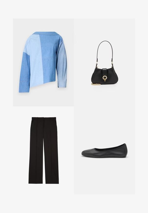 Sininen farkkutakki, jossa on lyhyt malli ja tilkkutyökuvio, vaihtelevat sinisen sävyt, kaulus ja pitkät hihat, joissa on nappikiinnitys.; Mustat räätälöidyt housut, jotka on valmistettu sileästä kankaasta. Housuissa on suora lahje ja kaksi sivutaskua. Elegantti ja minimalistinen rakenne.; Musta nahkainen ballerina, jossa on pyöristetty kärki, sileä pinta, minimaalinen ommelkoristelu ja joustava pohjamuotoilu.; sandro JANET - Käsilaukku - noir