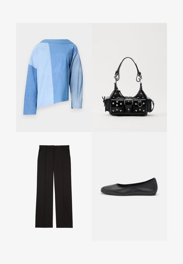 Giacca corta in denim blu con un design a patchwork in diverse tonalità di blu, colletto e maniche lunghe con dettagli ai polsini.; Pantaloni neri su misura realizzati in un tessuto liscio, con un design a gamba dritta e due tasche laterali. Costruzione elegante e minimalista.; Pantofole da balletto nere in pelle con punta arrotondata, texture liscia, dettagli di cucitura minimi e design con suola flessibile.; Borsa a mano in pelle nera con design curvo, caratterizzata da borchie argentate, una fibbia e due tasche laterali. Tracolla regolabile per diverse opzioni di trasporto.