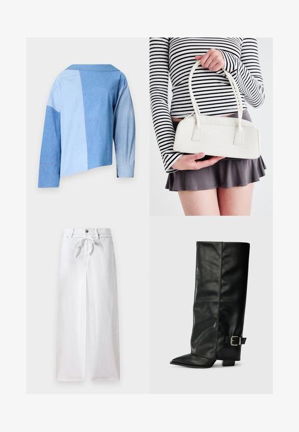 Blauwe denim cropped jack met een patchworkontwerp in verschillende tinten blauw, een kraag en lange mouwen met manchetdetails.; Witte wijde broek van katoen. Voorzien van een trekkoord in de taille en een knoopsluiting. Gladde textuur met een minimalistisch ontwerp.; Zwarte leren enkellange laarzen met een spitse neus, een gladde textuur en een zilveren gesps Accent aan de zijkant. Stevige vierkante hak.; Witte handtas met krokodillenstructuur, twee handvaten, rechthoekige vorm en ritsluiting. Weergegeven tegen een lichte achtergrond.