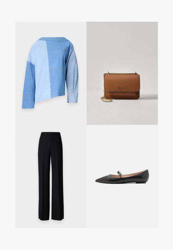 Jachetă din denim albastru, scurtă, cu un design patchwork în nuanțe variate de albastru, guler și mâneci lungi cu detalii la manșete.; Pantaloni negri cu picioare largi, cu o textură netedă, având o talie înaltă și pliseuri centrale. Fără modele vizibile sau detalii de hardware.; Balerini din piele neagră, cu vârf ascuțit și o curea laterală ce prezintă un accent circular de aur. Ușoare, cu o talpă plată.; Geantă crossbody din piele texturată maro, cu curea din lanț aurit și închidere cu clapetă. Partea din față prezintă detalii cu logo și o buzunar sub clapetă.