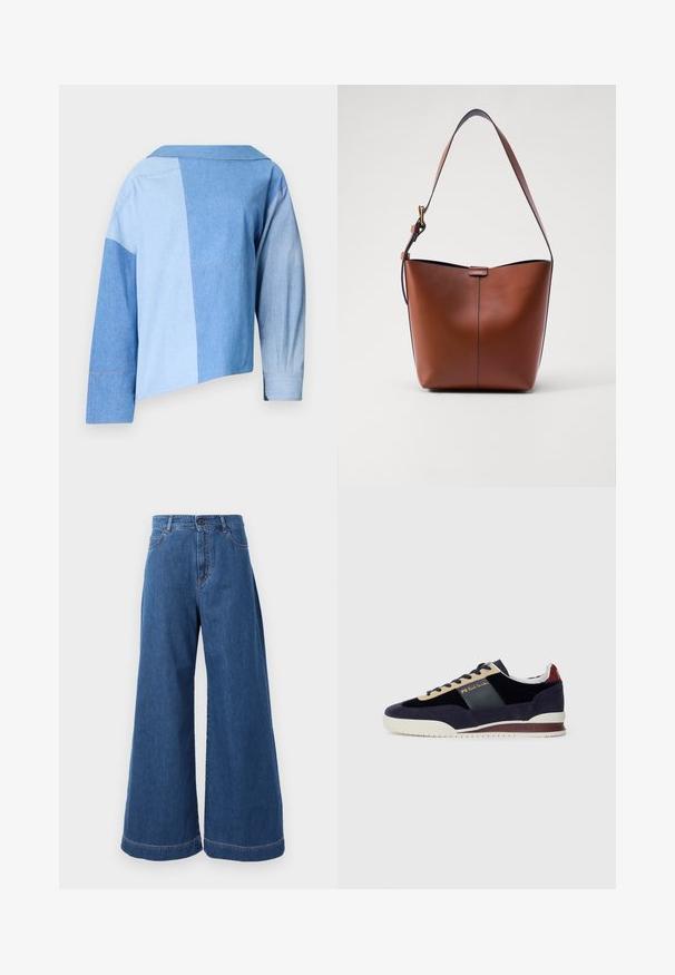 Blue denim cropped jacket featuring a patchwork design with varying shades of blue, a collar, and long sleeves with cuff detailing.; Wide-leg jeans in medium blue denim, featuring a high waistband, front pockets, and contrast stitching along the seams and hems.; Navy suede sneakers with beige and dark blue accents. Features a white rubber sole and gold branding on the side. Classic athletic design.; Brown leather shoulder bag with a curved shape, smooth texture, and a single thin strap. Features a subtle seam and a small logo detail.