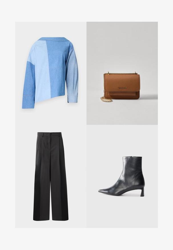 Zila džinsa apgriezta jaka ar raibumu dizainu, kas ietver dažādas zila tonis, ar apkakli un garām piedurknēm ar aproču detaļām.; Melni platajā kājās bikses ar augsto jostasvietu, kas ar priekšējiem krokām, gludu tekstūru un pielāgotu apdari. Veidotas relaksētai piegrieztei.; Melnas ādas potītes zābaki ar norādītu pirkstu un elegantu dizainu. Iezīmē zemu papēdi un rāvējslēdzēja aizdari aizmugurē. Gluda tekstūra.; Brūna teksturēta ādas plecu soma ar zelta ķēdes siksnu un atloka aizdari. Priekšpusē ir logotipa detaļa un kabata zem atloka.