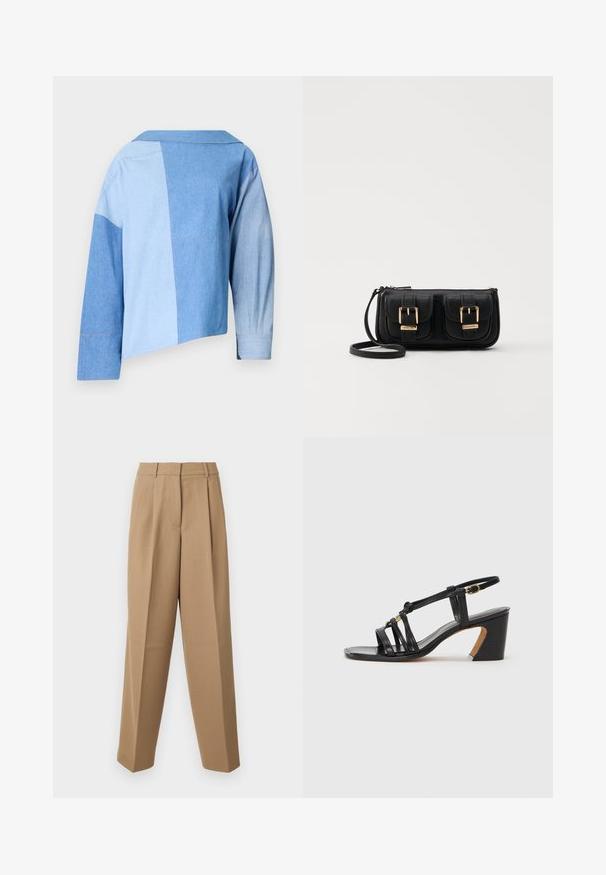 Giacca corta in denim blu con un design a patchwork in diverse tonalità di blu, colletto e maniche lunghe con dettagli ai polsini.; Pantaloni beige su misura con vita alta, fronte plissettato e taglio a gamba larga. Il tessuto appare morbido con una leggera lucentezza.; Paul Smith AMIRA - Decolleté - black; Borsa a tracolla nera in pelle con due tasche frontali, fibbie dorate, chiusura con zip e una tracolla sottile. Superficie texturizzata e forma rettangolare compatta.