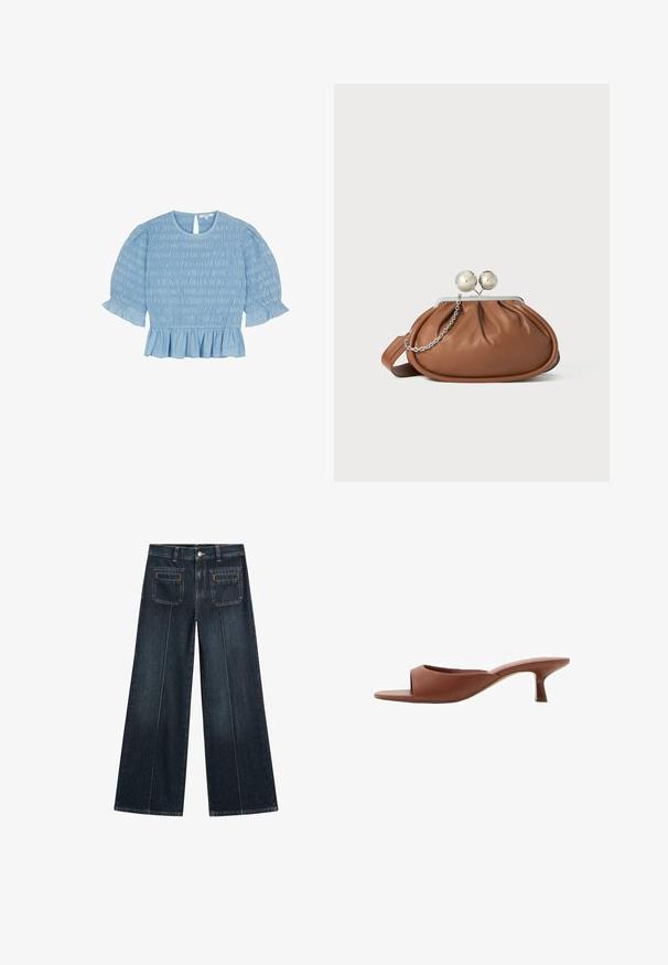 Blouse bleu clair avec texture froncée, col rond, détail en trou de serrure à l'arrière, et manches courtes bouffantes avec des volants aux poignets et à l'ourlet.; Jean large en denim bleu foncé, avec une fermeture à bouton, deux poches avant et deux poches arrière avec des détails de couture subtils.; Mules à talons ouverts marron avec une finition lisse et mate, présentant un design incurvé et un talon transparent et effilé.; Pochette en cuir marron avec un fermoir à boule en argent et un petit détail en chaîne argentée sur fond blanc.