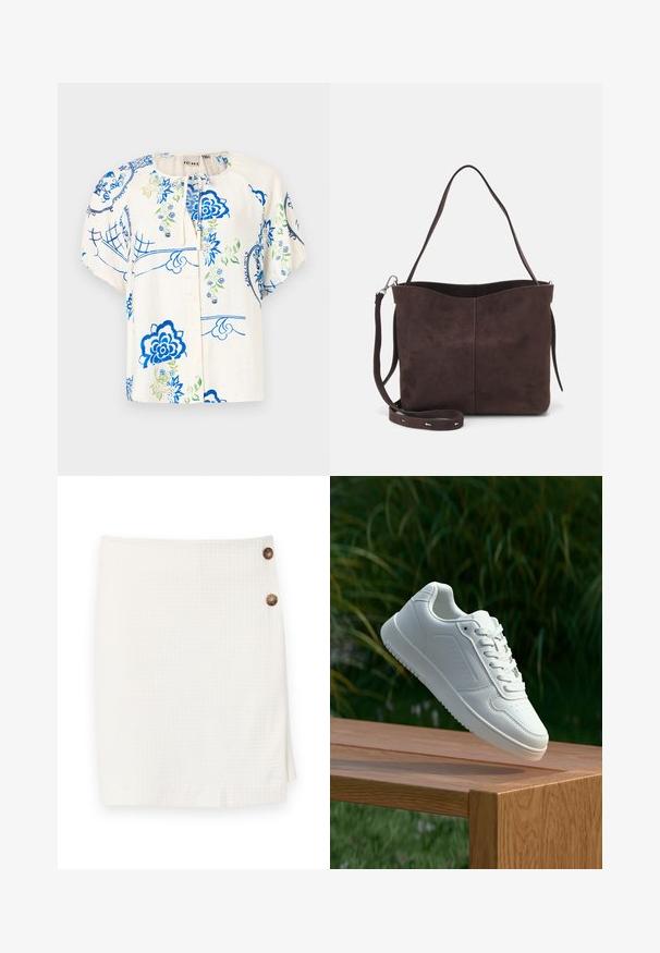Cvetasta bluzica z modrimi in zelenimi vzorci na kremasti tkanini. Kratki napihnjeni rokavi, okrogla izreza in sprednje zapiranje s gumbi.; Bela krila iz teksturiranega blaga, z zloženim dizajnom in dvema okroglima gumboma ob strani za zapiranje.; Bela teniska s gladkim sintetičnim zgornjim delom, perforiranim prednjim delom, ravnimi vezalkami in teksturiranim podplatom, prikazana na leseni površini.; Rjava gamoška torba z mehkobo teksturo, ki ima en samo ramenski trak in subtilno ukrivljen zgornji del. Brez vidnih kovinskih detajlov.