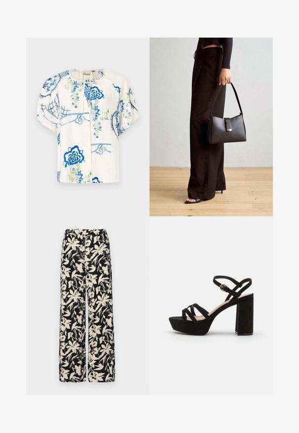 Virágmintás blúz kék és zöld mintákkal egy krém színű anyagon. Rövid puffos ujjakkal, kerek nyakkal és elülső gombos zárással.; Fekete, bő szárú nadrág krém színű virágmintával. Könnyű anyagból készült, sima tapintású és magas derékrésszel rendelkezik.; Fekete velúr platform szandál, tömbsarokkal, keresztbe tett pántokkal és csatos bokapánttal a biztonságos illeszkedés érdekében.; Fekete kézi táska strukturált formával, sima textúrával és fémből készült záródással. Széles fekete nadrággal és nyitott orrú szandállal párosítva, fából készült padlón.