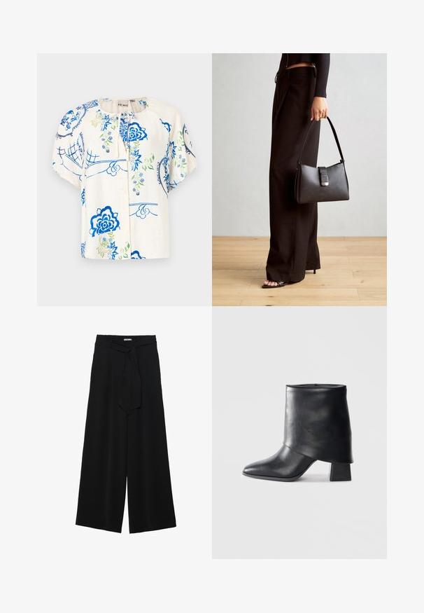 Blumenbluse mit blauen und grünen Designs auf einem cremefarbenen Stoff. Kurze Puffärmel, runder Ausschnitt und Knopfverschluss auf der Vorderseite.; Schwarze weite Hosen aus strukturiertem Stoff, mit elastischem Bund und einem abnehmbaren Bindegürtel in der Taille für eine verstellbare Passform.; Schwarze Lederstiefelette mit spitzer Zehenform, glatter Oberfläche und strukturiertem Blockabsatz. Mit einem hohen, gefalteten Schaftdesign.; Schwarze Handtasche mit strukturierter Form, glatter Textur und einem metallischen Verschluss. Kombiniert mit weiten schwarzen Hosen und offenen Sandalen auf einem Holzboden.