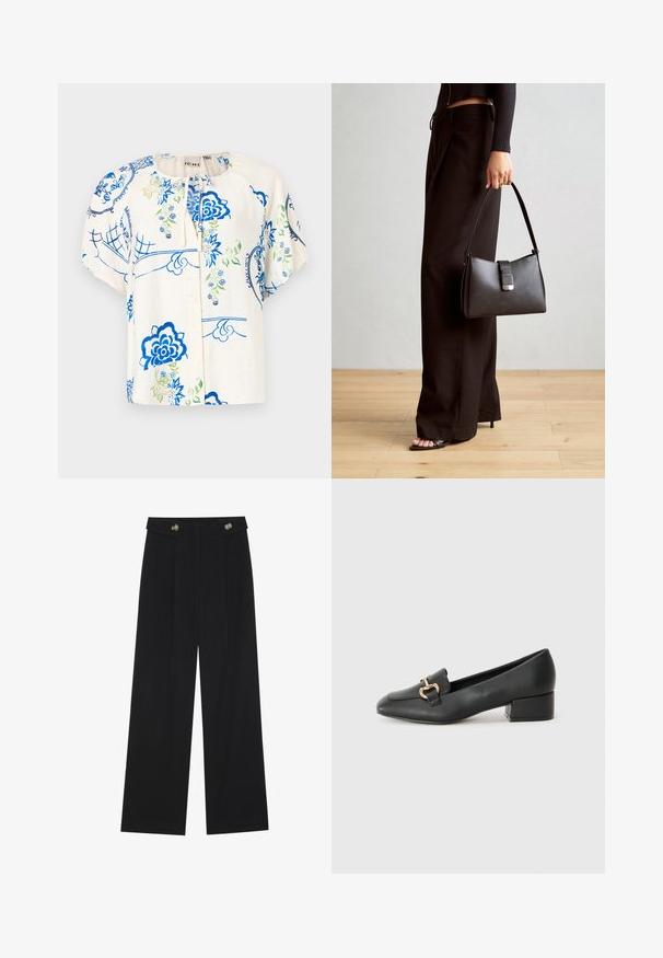 Blusa floral con diseños en azul y verde sobre una tela crema. Mangas cortas abullonadas, cuello redondo y cierre de botones en la parte delantera.; Pantalones de pierna ancha negros con cintura alta, detalles de botones en la cinturilla y pliegues en la parte delantera.; Mocasines de cuero negro con tacón plano, que cuentan con un detalle decorativo de hardware dorado en la parte frontal y una textura suave.; Bolso negro con forma estructurada, textura suave y un cierre metálico. Combinado con pantalones anchos negros y sandalias de dedo en un suelo de madera.