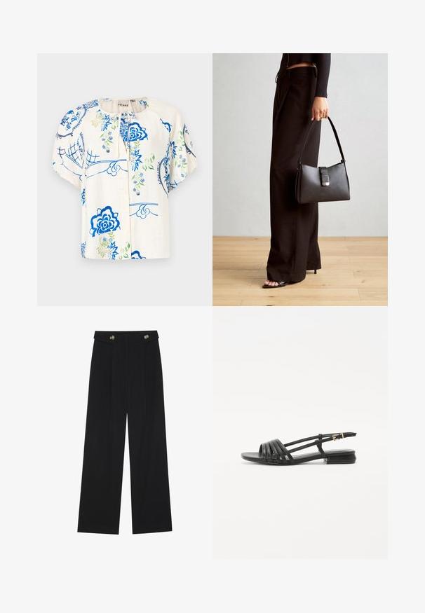 Lillelille pluus, millel on sinised ja rohelised mustrid kreemjal kangal. Lühikesed puhv-sleeved varrukad, ümmargune kaelus ja ees olev nööpidega sulgemine.; Mustad laiad püksid kõrge vöökoha ja nööpdetailidega vööandil, esikortsudega.; Mustad mustad sandaalid, millel on rihmaga disain, sisaldades mitmeid nahkrihmu ja peene pahkluu sangaga. Tald on lame ja ristkülikukujuline.; Must musta kott, millel on struktureeritud kuju, sile tekstuur ja metallist klamber. Kombineeritud laiate mustade pükstega ja avatud varvaste sandaalidega puidust põrandal.